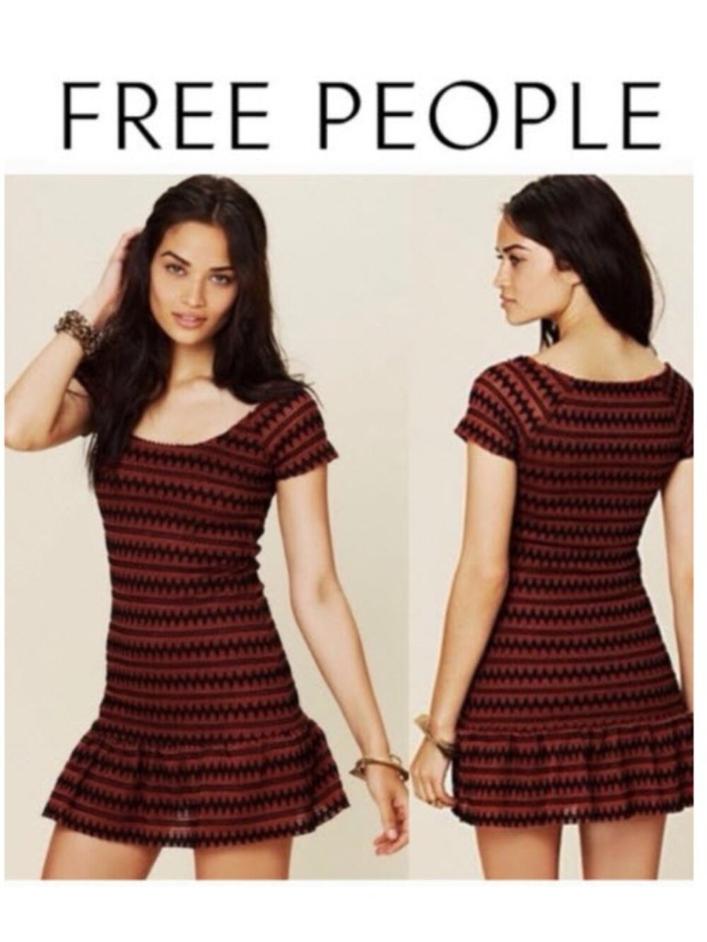 Free People Geo Knit Mini Dress Red Black Stretch Scoop Neck Size S